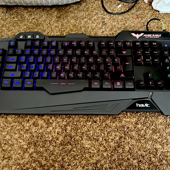 Blue and pink led lights under the keyboard.